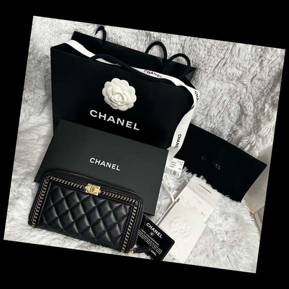CHANEL Handbags - Calfskin Quilted Boy Chain Large Gusset Zip Around Wallet Black
